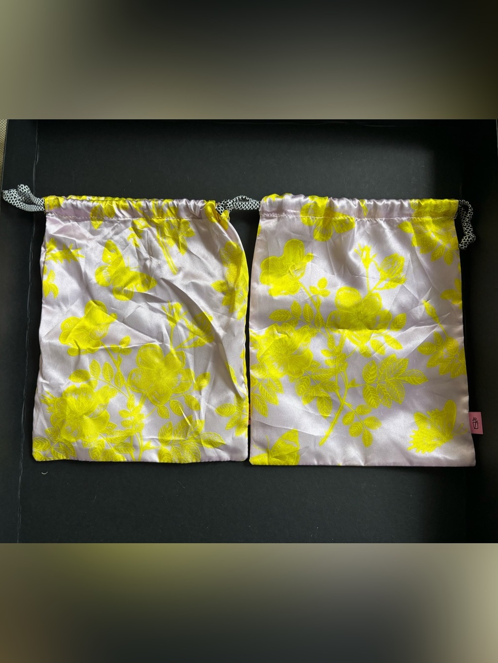 Set of two Ipsy Yellow Floral Satin Drawstring Pouches